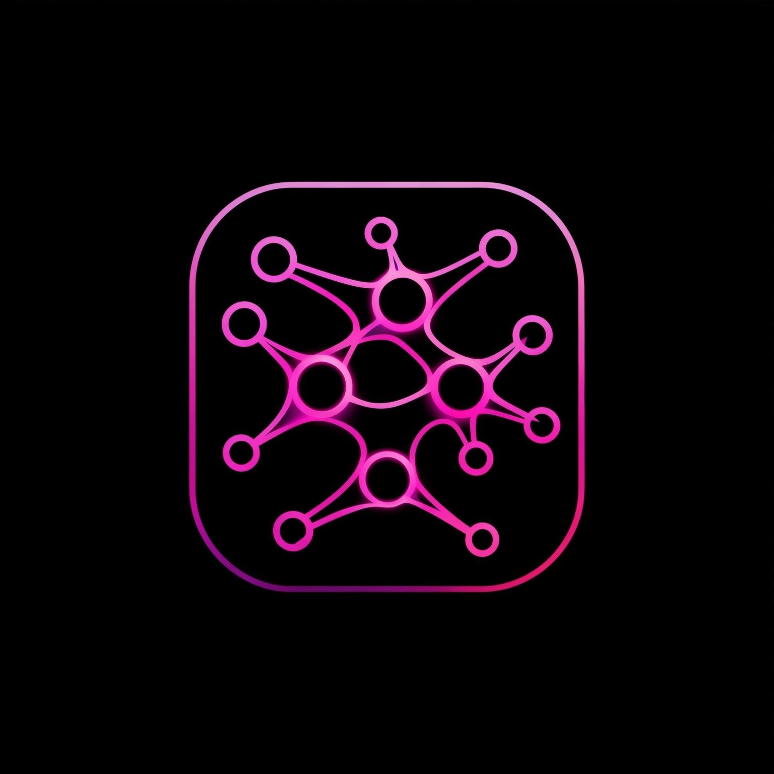 Minimalist app icon. Abstract neural network nodes 
connected by thin lines, geometric symmetrical pattern. 
Pure black background (#0A0A0A), hot pink magenta (#E4007C) neon lines with glow effect. Clean flat vector style. No text, no arrows, no extra symbols.