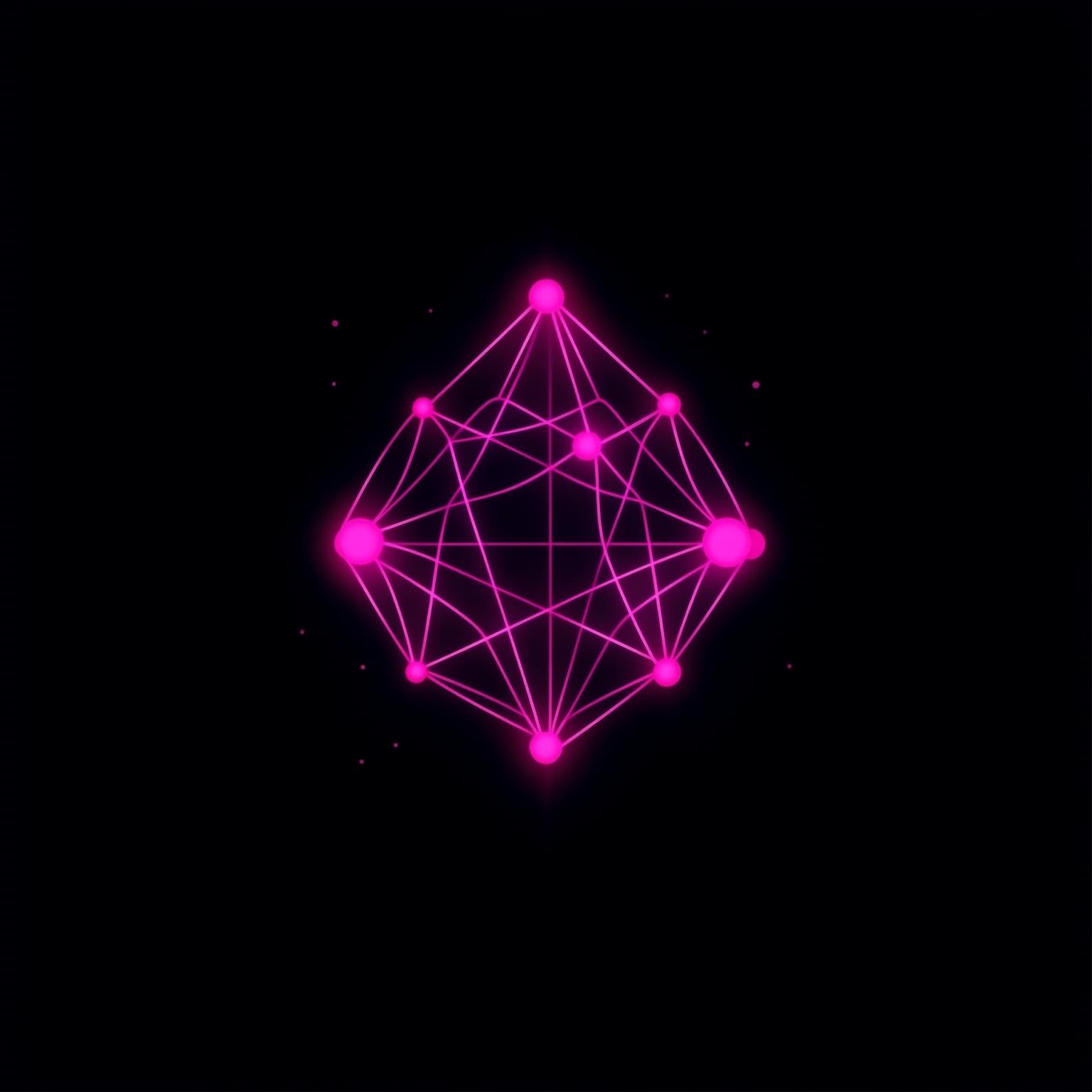 Minimalist app icon. Abstract neural network nodes 
connected by thin lines, geometric symmetrical pattern. 
Pure black background (#0A0A0A), hot pink magenta (#E4007C) neon lines with glow effect. Clean flat vector style. No text, no arrows, no extra symbols.