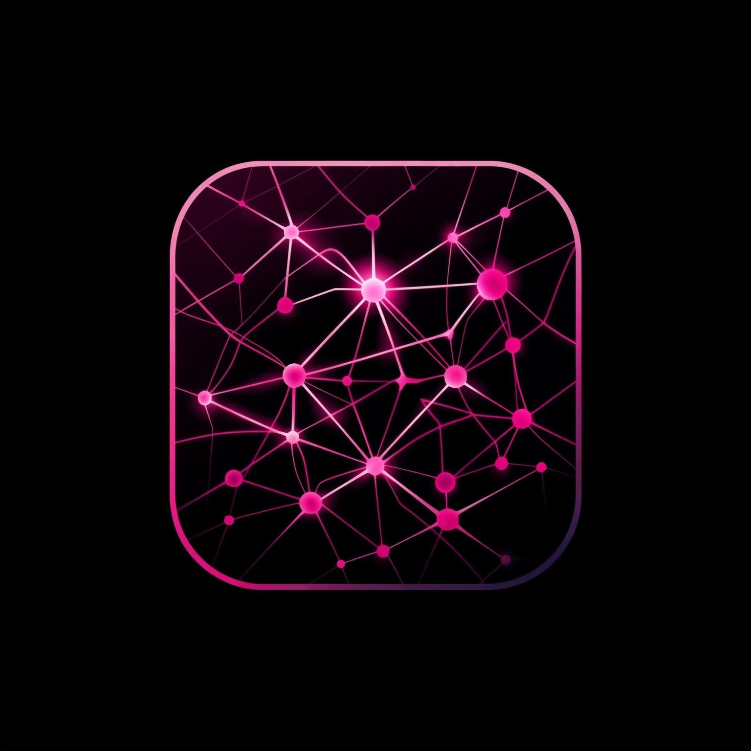 Minimalist app icon. Abstract neural network nodes 
connected by thin lines, geometric symmetrical pattern. 
Pure black background (#0A0A0A), hot pink magenta (#E4007C) neon lines with glow effect. Clean flat vector style. No text, no arrows, no extra symbols.