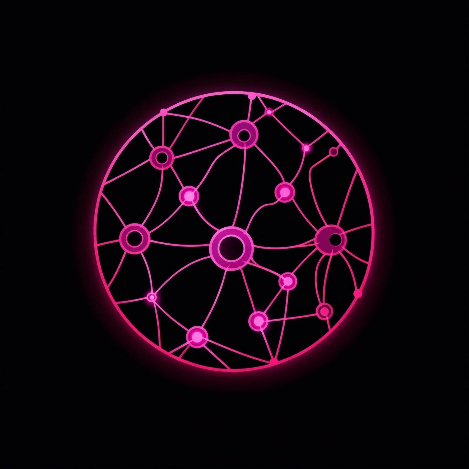 Minimalist round app icon. Abstract neural network nodes 
connected by thin lines, geometric symmetrical pattern. 
Pure black background (#0A0A0A), hot pink magenta (#E4007C) neon lines with glow effect. Clean flat vector style. No text, no arrows, no extra symbols.