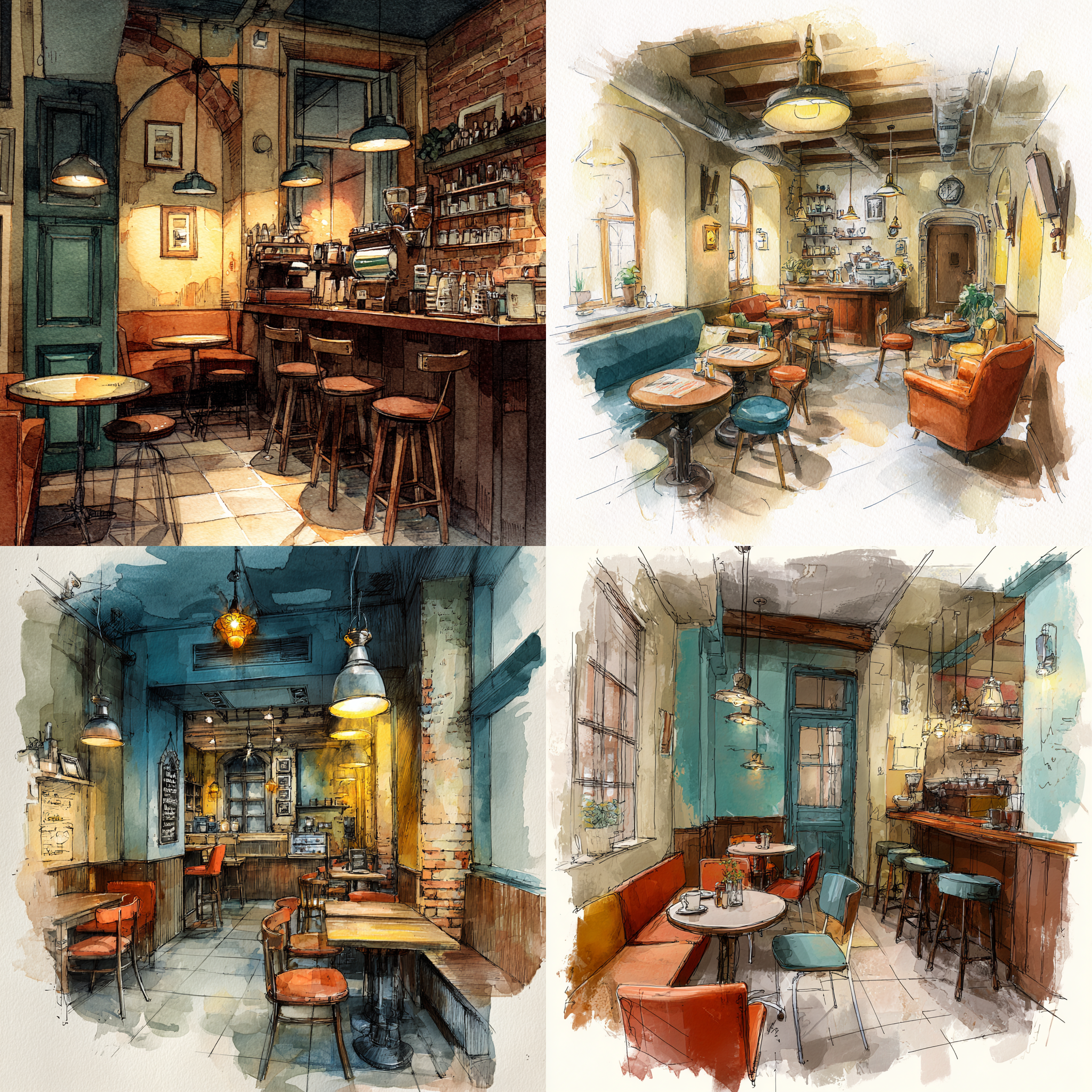 Cozy coffee shop interior, warm lighting, watercolor style, highly detailed