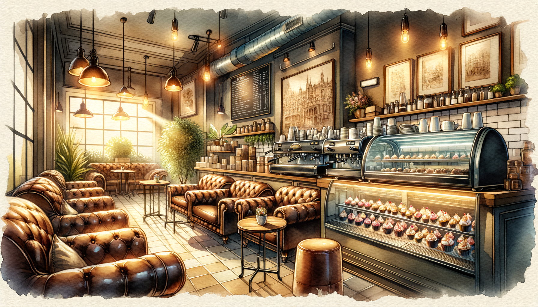 Cozy coffee shop interior, warm lighting, watercolor style, highly detailed