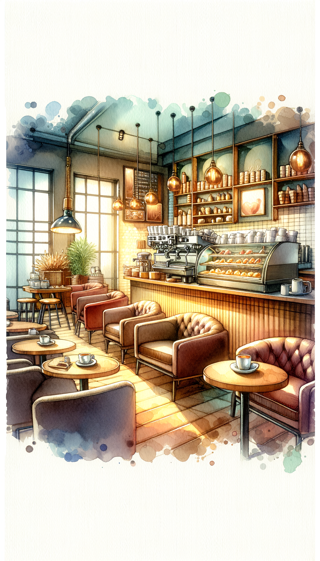 Cozy coffee shop interior, warm lighting, watercolor style, highly detailed