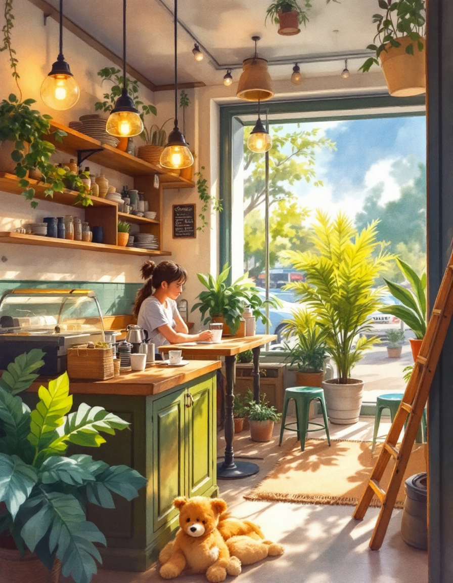 Cozy coffee shop interior, warm lighting, watercolor style, highly detailed