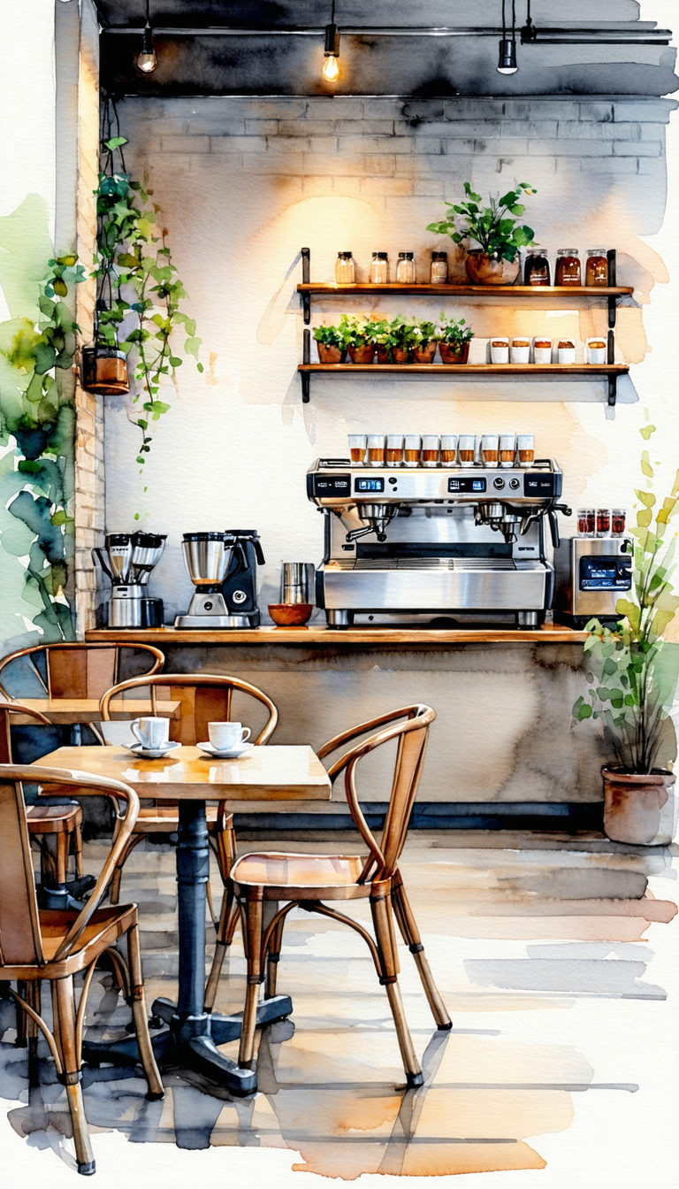 Cozy coffee shop interior, warm lighting, watercolor style, highly detailed