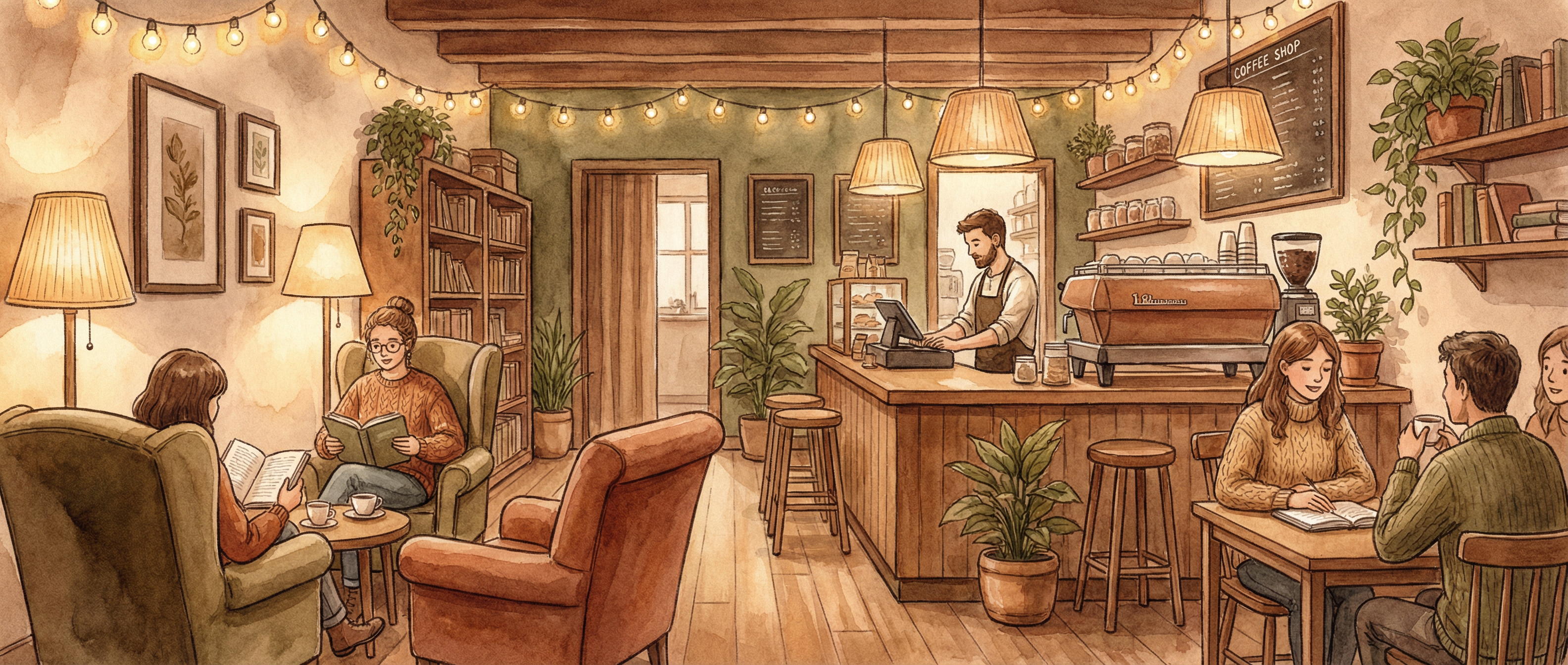 Cozy coffee shop interior, warm lighting, watercolor style, highly detailed