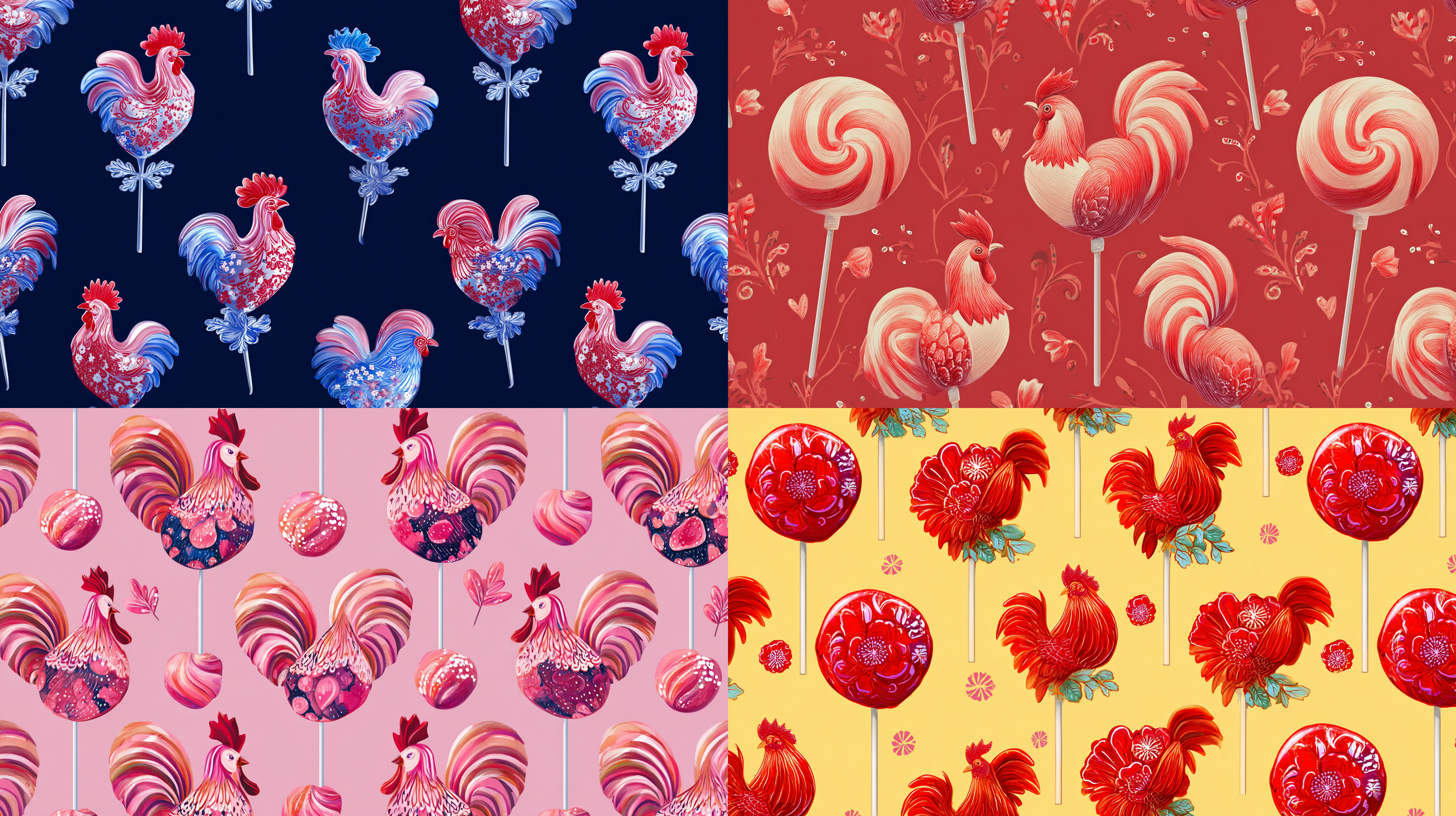 Патерн в виде русских народных леденцов-петушков, на красивом фоне. Графика