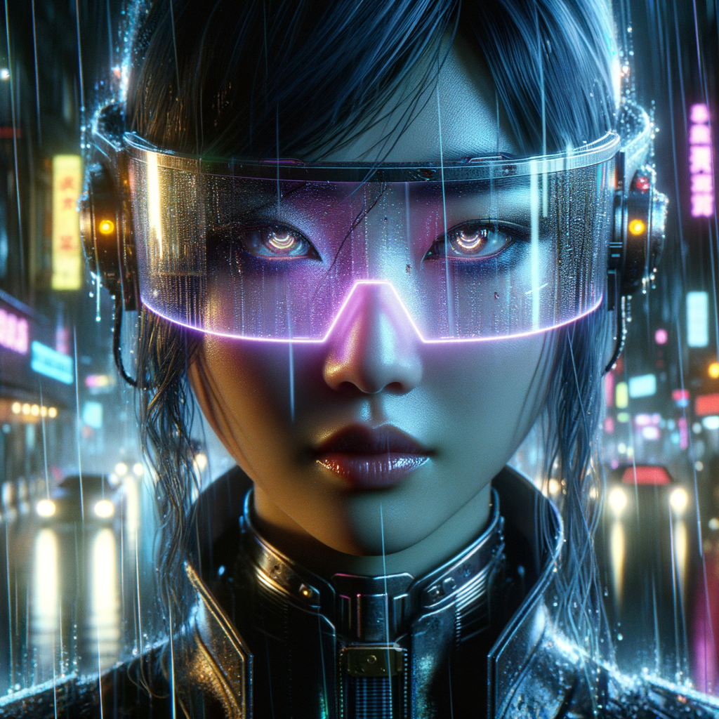Cyberpunk portrait of {subject}, neon lights, rain-soaked streets reflected in visor, ultra-detailed, cinematic lighting, 8k