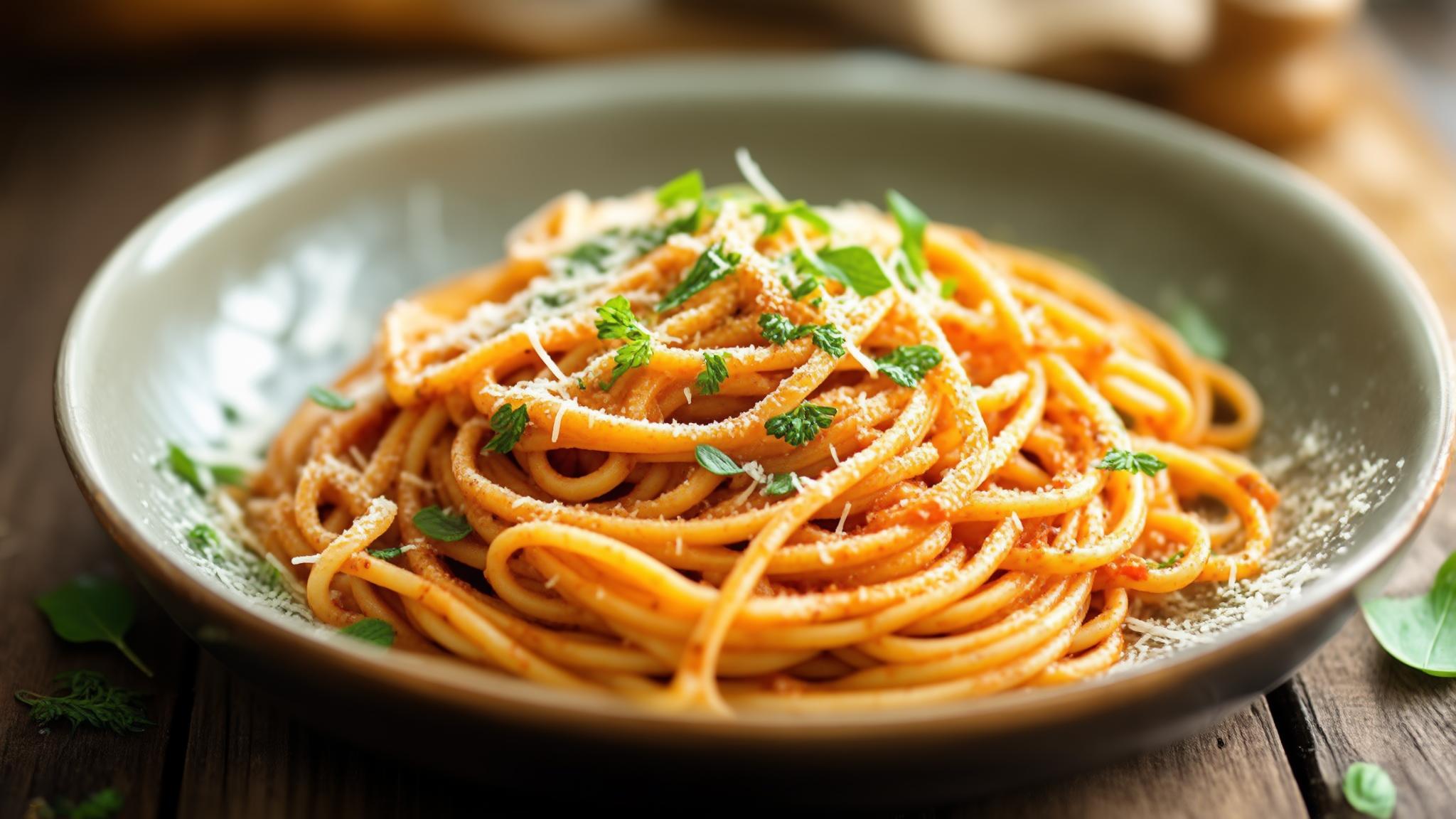 Mouth-watering food photography of pasta, overhead angle, natural lighting, rustic wooden table, styled with fresh herbs, bokeh background
