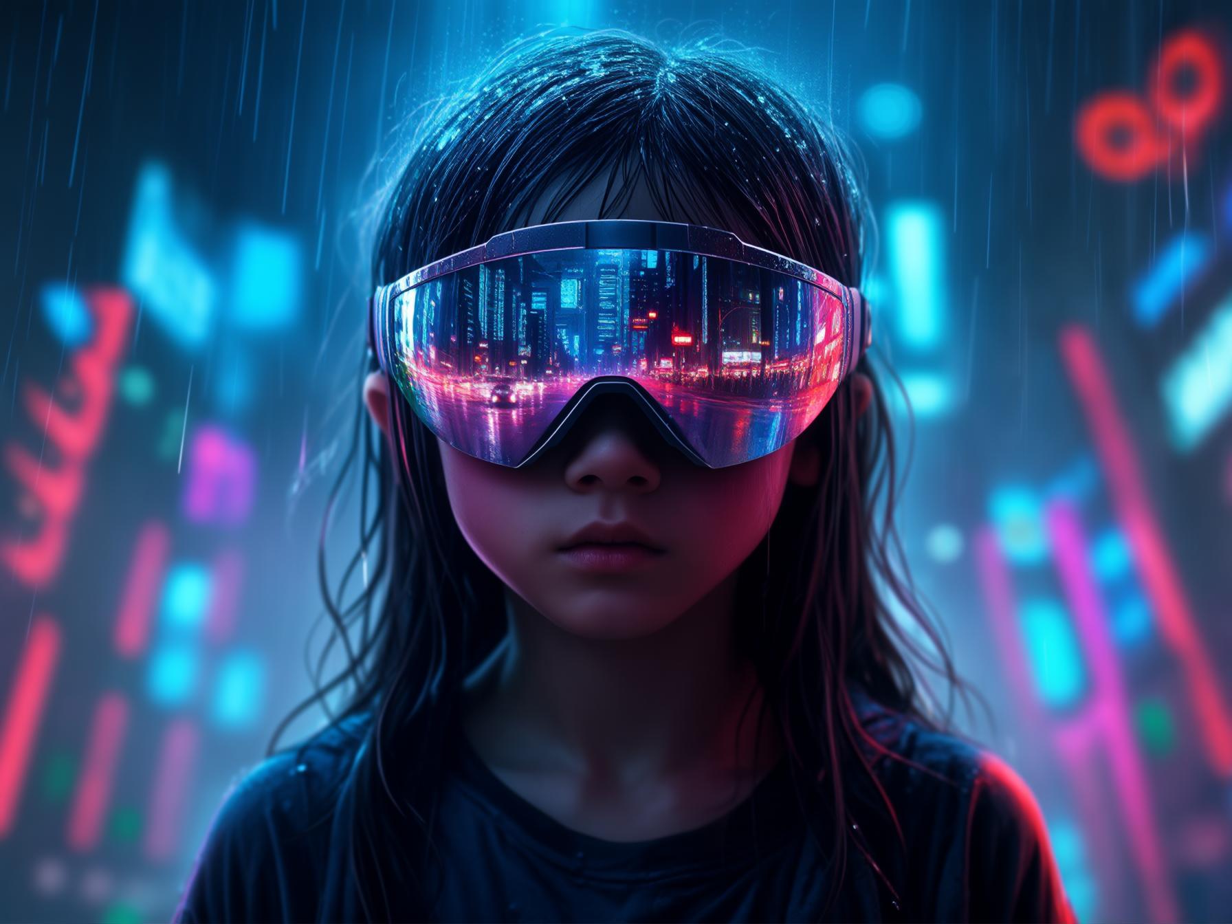 Cyberpunk portrait of girl, neon lights, rain-soaked streets reflected in visor, ultra-detailed, cinematic lighting, 8k