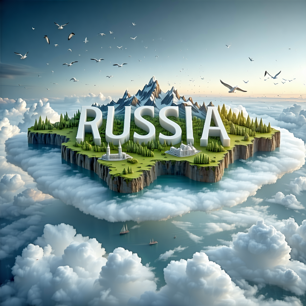Create an ultra-HD, hyper-realistic digital poster of a floating miniature island shaped like [ Russia ]resting on white clouds in the sky. Blend iconic landmarks, natural landscapes (such as forests, mountains, or beaches), and cultural elements unique to [Russia].
Carve the country name written strictly in Russian language (Cyrillic alphabet) directly into the terrain using large white 3D letters.
Do not use English or Latin characters.
The carved text must appear as part of the landscape itself, integrated naturally into the island surface.
Add artistic details such as birds native to [Russia], cinematic lighting, vivid yet realistic colors, aerial perspective, soft sun reflections, and atmospheric depth to enhance realism.