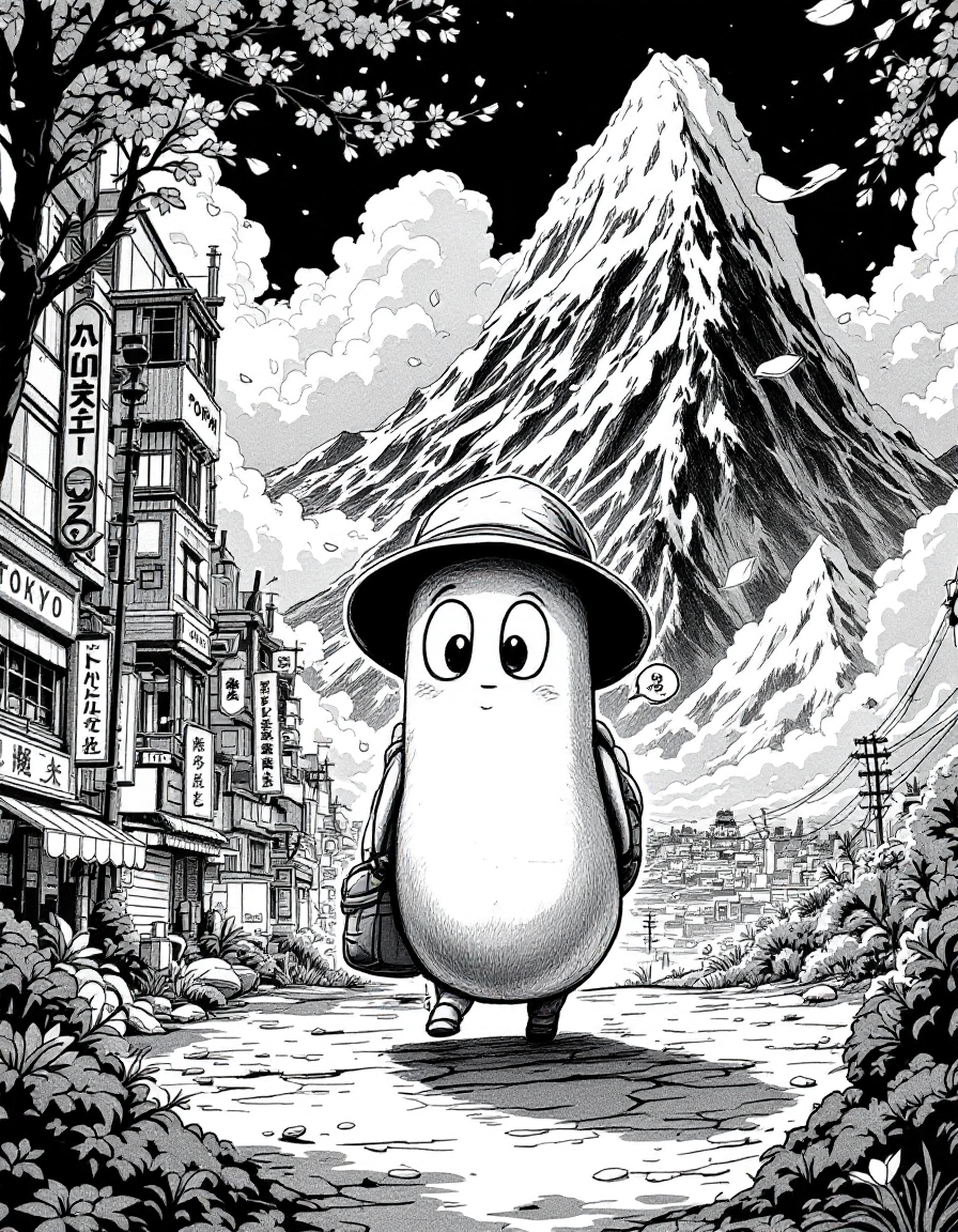 Manga-style animation, black and white ink art with screentone shading and dynamic speed lines. A cute anthropomorphic cucumber character with expressive manga eyes, wearing a tiny explorer hat and backpack, embarks on an epic journey. Scene transitions rapidly: the cucumber walks through a bustling Tokyo street with detailed manga backgrounds, climbs a dramatic mountain peak with wind-swept clouds, rides a small boat across ocean waves, and finally stands triumphantly at a scenic overlook. Bold manga panel-style compositions, exaggerated emotional reactions, dramatic camera angles from below and above, cinematic lighting with high contrast shadows, speech bubble effects floating in the air, sakura petals drifting. Smooth fluid motion, highly detailed linework, Studio Ghibli meets shonen manga aesthetic, 4K quality
