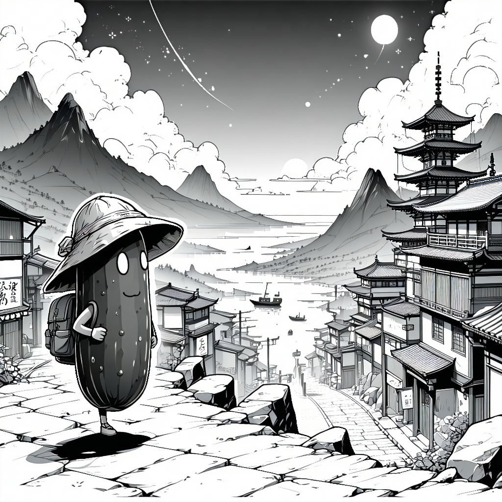 Manga-style animation, black and white ink art with screentone shading and dynamic speed lines. A cute anthropomorphic cucumber character with expressive manga eyes, wearing a tiny explorer hat and backpack, embarks on an epic journey. Scene transitions rapidly: the cucumber walks through a bustling Tokyo street with detailed manga backgrounds, climbs a dramatic mountain peak with wind-swept clouds, rides a small boat across ocean waves, and finally stands triumphantly at a scenic overlook. Bold manga panel-style compositions, exaggerated emotional reactions, dramatic camera angles from below and above, cinematic lighting with high contrast shadows, speech bubble effects floating in the air, sakura petals drifting. Smooth fluid motion, highly detailed linework, Studio Ghibli meets shonen manga aesthetic, 4K quality