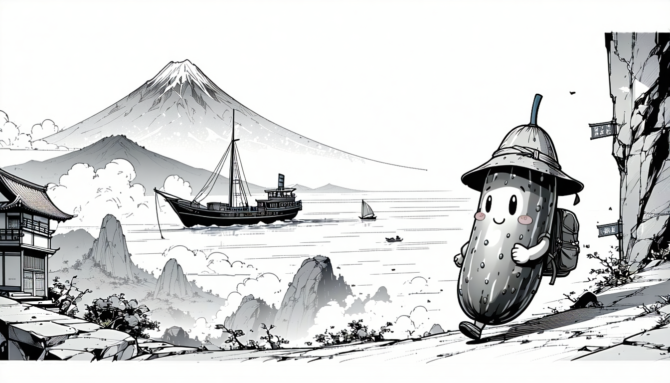 Manga-style animation, black and white ink art with screentone shading and dynamic speed lines. A cute anthropomorphic cucumber character with expressive manga eyes, wearing a tiny explorer hat and backpack, embarks on an epic journey. Scene transitions rapidly: the cucumber walks through a bustling Tokyo street with detailed manga backgrounds, climbs a dramatic mountain peak with wind-swept clouds, rides a small boat across ocean waves, and finally stands triumphantly at a scenic overlook. Bold manga panel-style compositions, exaggerated emotional reactions, dramatic camera angles from below and above, cinematic lighting with high contrast shadows, speech bubble effects floating in the air, sakura petals drifting. Smooth fluid motion, highly detailed linework, Studio Ghibli meets shonen manga aesthetic, 4K quality