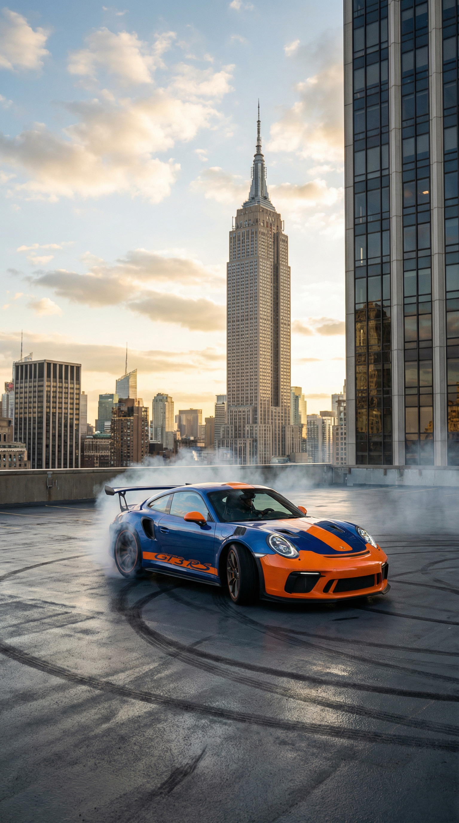 Красивый порш на крыше здания в ньюйорке дрифтит