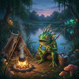 Мурлок ловит рыбу у пруда рядом палатка и костер