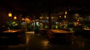 Interior design visualization of a modern japandi cafe, warm ambient lighting, c