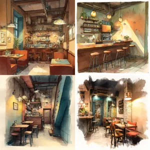Cozy coffee shop interior, warm lighting, watercolor style, highly detailed