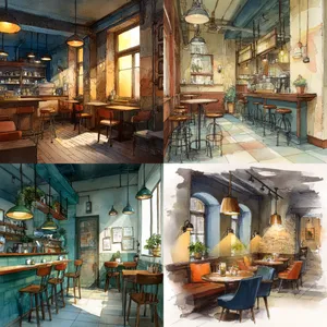 Cozy coffee shop interior, warm lighting, watercolor style, highly detailed