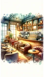 Cozy coffee shop interior, warm lighting, watercolor style, highly detailed