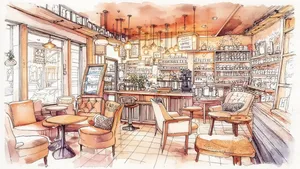 Cozy coffee shop interior, warm lighting, watercolor style, highly detailed