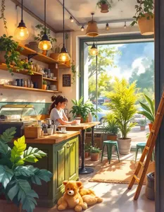 Cozy coffee shop interior, warm lighting, watercolor style, highly detailed