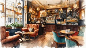 Cozy coffee shop interior, warm lighting, watercolor style, highly detailed