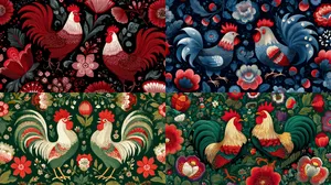 Патерн в виде русских народных леденцов-петушков, на красивом фоне. Графика