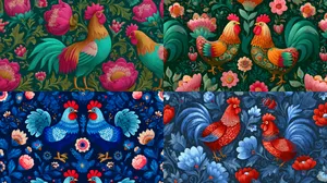 Патерн в виде русских народных леденцов-петушков, на красивом фоне. Графика