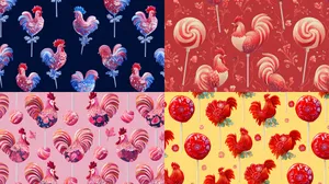 Патерн в виде русских народных леденцов-петушков, на красивом фоне. Графика