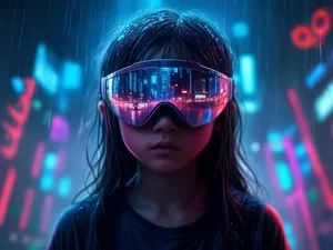 Cyberpunk portrait of girl, neon lights, rain-soaked streets reflected in visor,