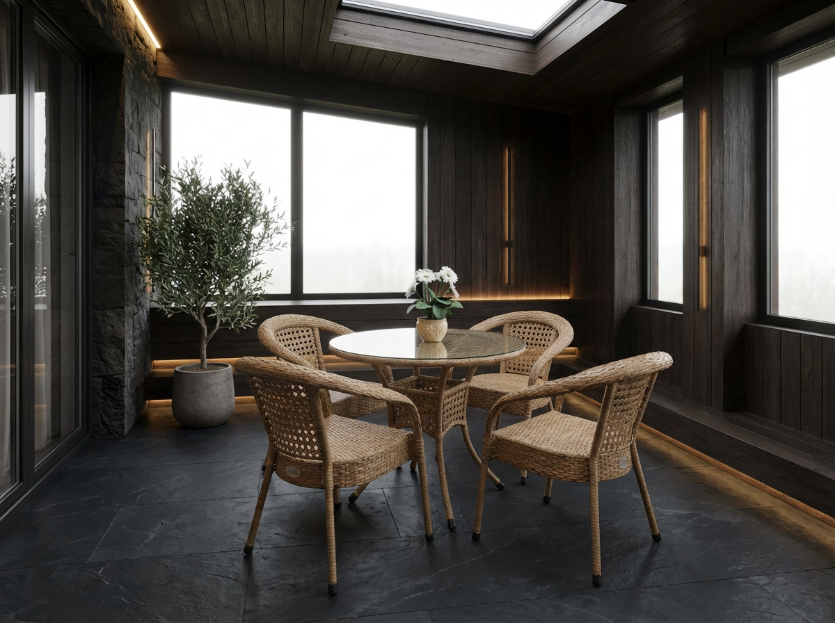 Комплект мебели DECO Д-900 Цвет: 4444 (древесный) (Стол (стекло) Д-900 + 4 Кресла без подушек)