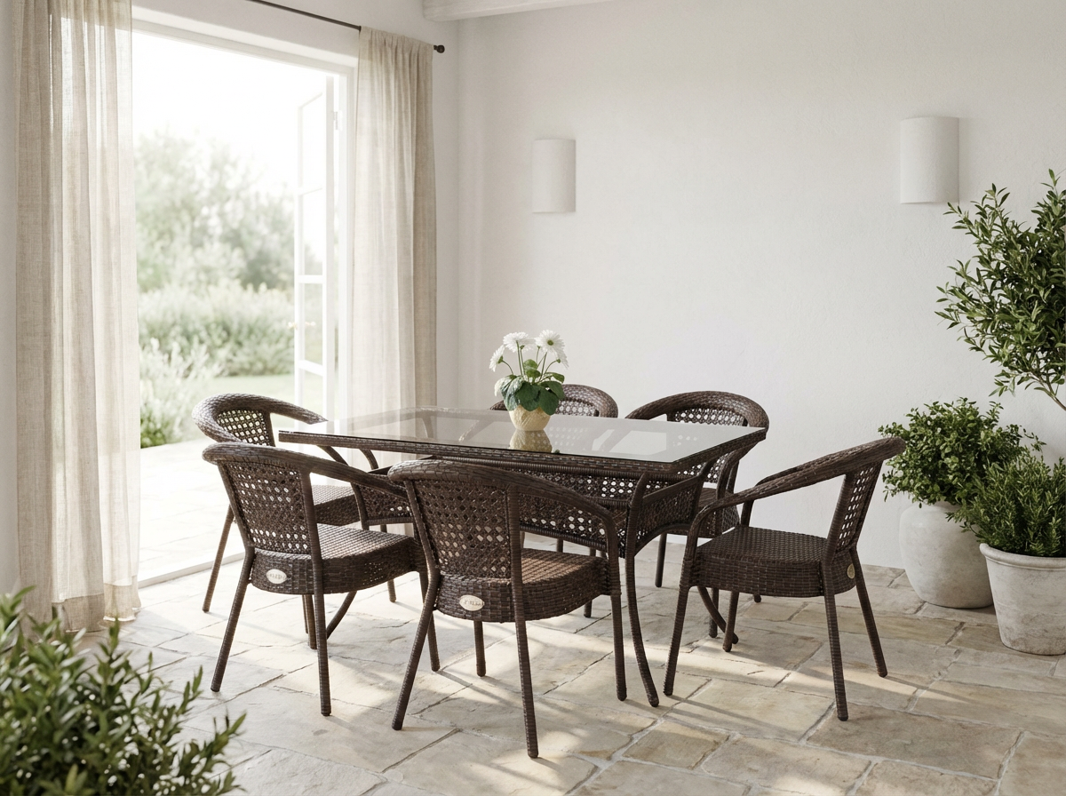 Комплект мебели DECO 1400*850 Цвет: 4019 (коричневый) (Стол (Стекло) 1400*850 + 6 Кресел без подушек)