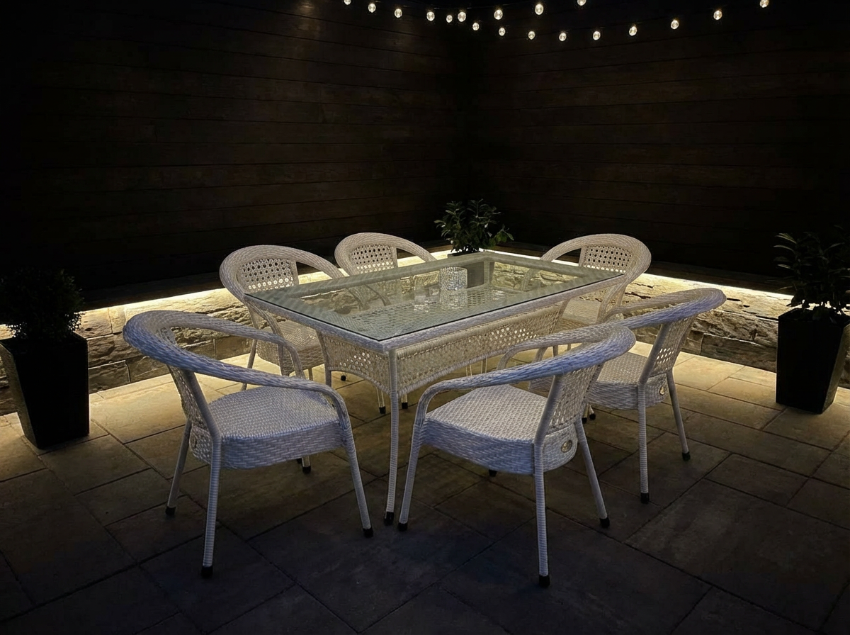 Комплект мебели DECO 1400*850 Цвет: 2301 (жемчуг) (Стол (Стекло) 1400*850 + 6 Кресел без подушек)