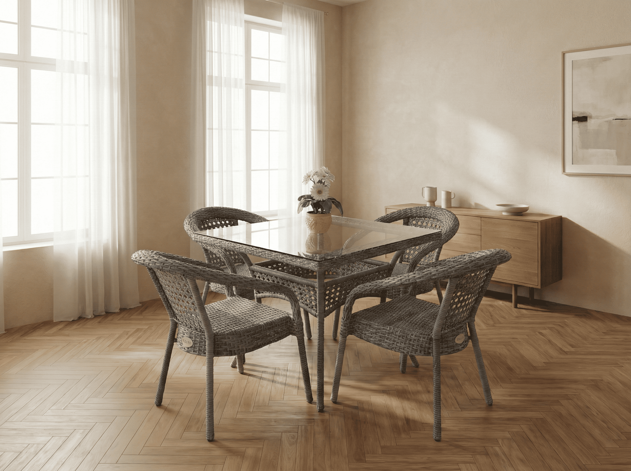 Комплект мебели DECO 900*900 Цвет: 5045 (серый) (Стол (Стекло) 900*900 + 4 Кресла без подушек)