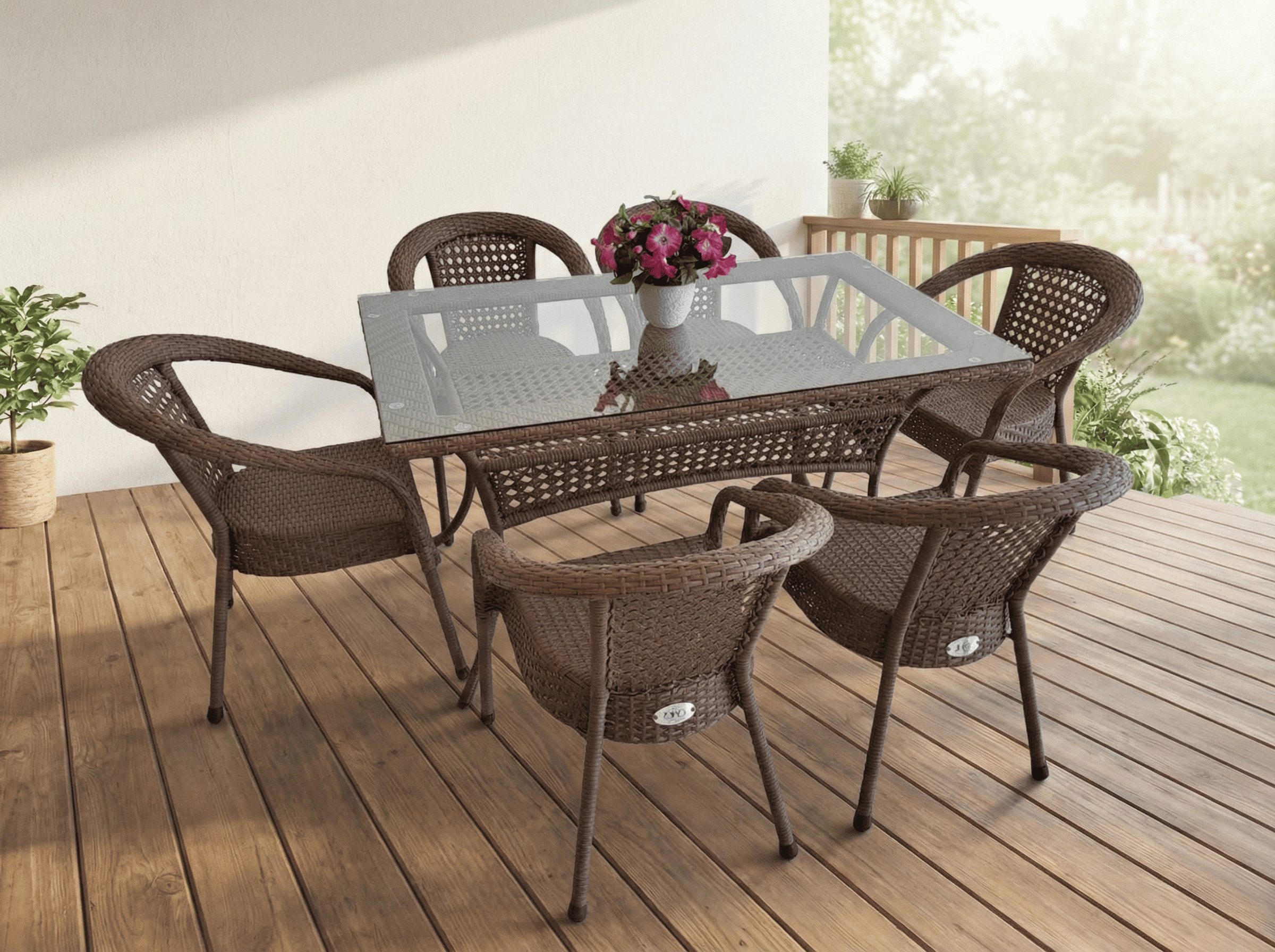Комплект мебели DECO 1400*850 Цвет: 0221 (орех) (Стол (Стекло) 1400*850 + 6 Кресел без подушек)