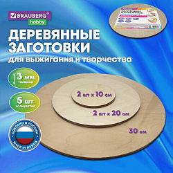 Заготовки деревянные для творчества Brauberg Hobby круглые, диаметр: 10-20-30 см 5 штук