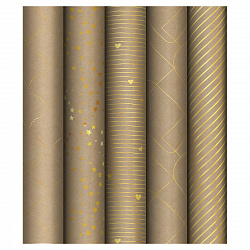 Упаковочная бумага крафт 70*100см, MESHU "Golden Pattern", 80г/м2, отд. фольгой, ассорти 5 дизайнов