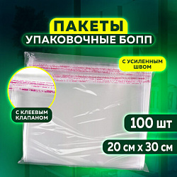 Пакет БОПП с клеевым клапаном, КОМПЛЕКТ 100 шт., 20х30+4 см, толщина 30 мкм, 608601