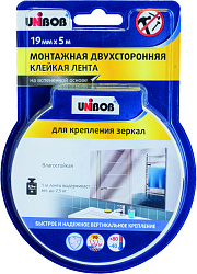 Двусторонняя клейкая лента Unibob, вспененная, для крепления зеркал, 19 мм x 5 м