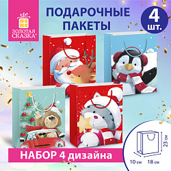 ЗОЛОТАЯ СКАЗКА 4шт Пакет подарочный новогодний 18х10х23см Christmas Animals