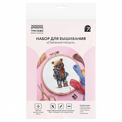 Набор для вышивания крестиком ТРИ СОВЫ "Стильный мишка", 11*20см, пакет с европодвесом