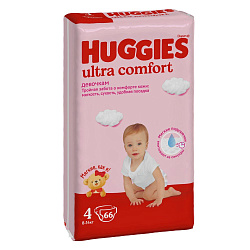 HUGGIES Ultra Comfort 4 разм (8-14 кг) M (Maxi) Подгузники 66 шт. Д/ДЕВ