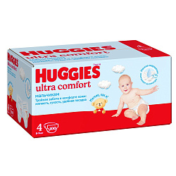 HUGGIES Ultra Comfort 4 разм (8-14 кг) M (Maxi) Подгузники Box (50*2) 100 шт. Д/МАЛЬЧ