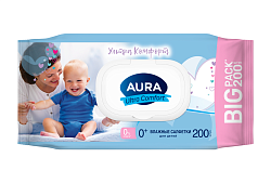 Влажные салфетки Aura Ultra Comfort для детей, с крышкой 200 шт
