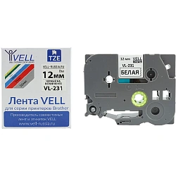 Картридж Vell VL-231 (TZe-231 Brother, 12 мм, чер на белом) для PT {Vell231