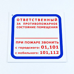 Знак "Ответственный за противопожарное состояние помещения/При пожаре звонить..", 200*200*2 мм, пластик, F16