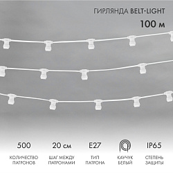 Гирлянда Белт-Лайт 2 жилы, 50м, шаг 20см, 250 патронов Е27, IP65, белый плоский провод каучук NEON-NIGHT