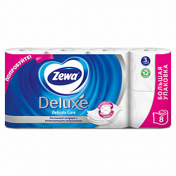 ZEWA 8 рулонов Туалетная бумага Deluxe 3-х слойная 8х18м белая
