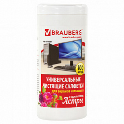 Салфетки для экранов всех типов и пластика BRAUBERG с ароматом "АСТРА", в тубе 100 шт., влажные, 511689